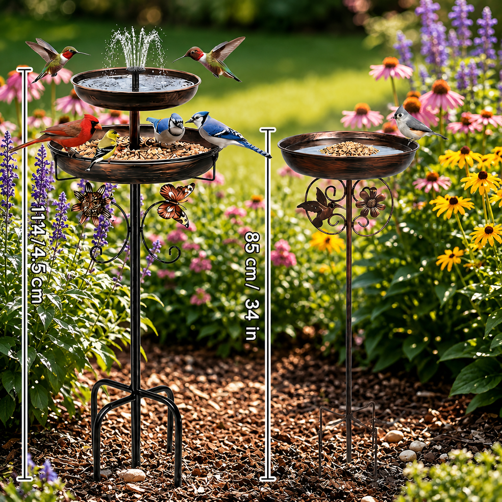 42" Metal Solar-Powered 2-Tier Bird Bath Fountain & Bird Feeder-Butterfly & Sunflower