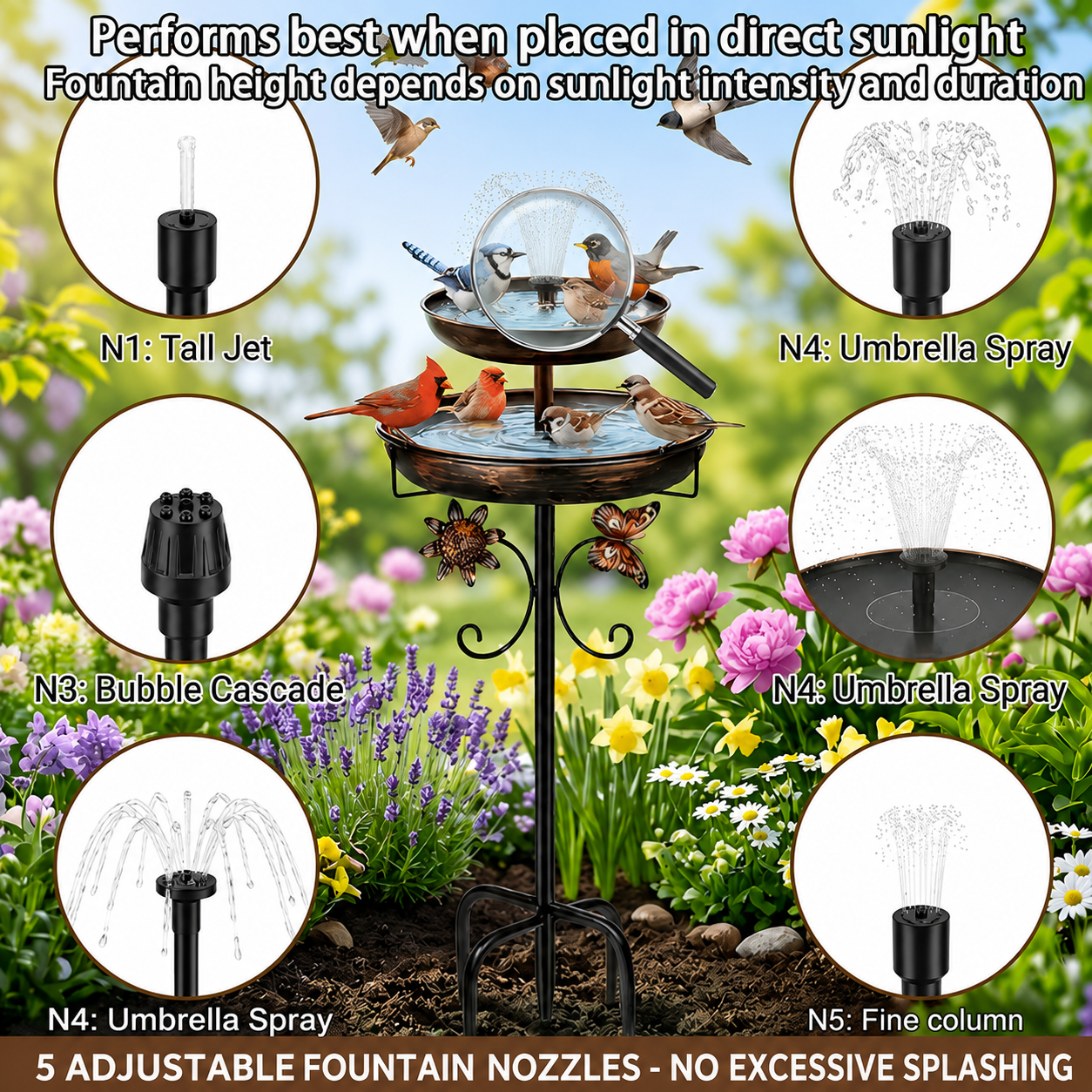 42" Metal Solar-Powered 2-Tier Bird Bath Fountain & Bird Feeder-Butterfly & Sunflower