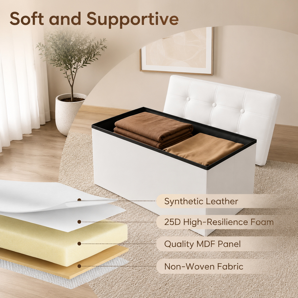 30" Folding Storage Ottoman Bench – White