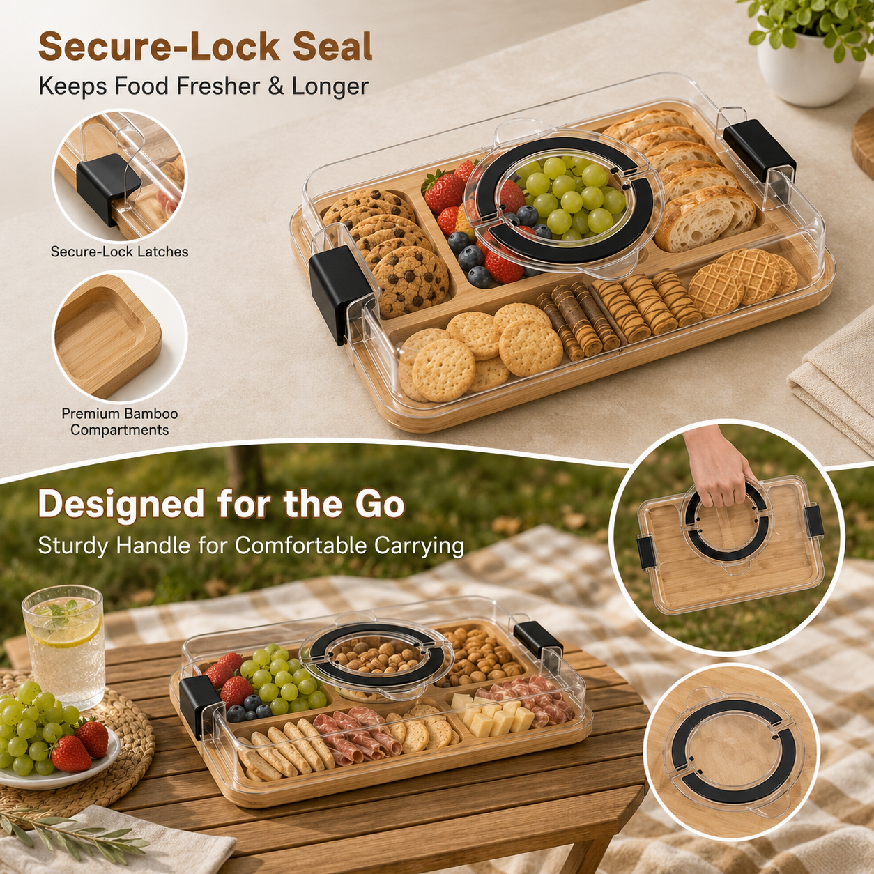 Bamboo Charcuterie Serving Tray with Lid