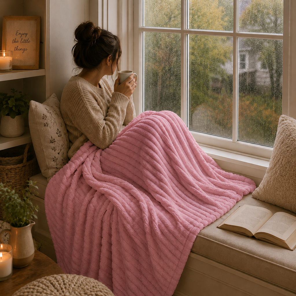 Ultra-Soft Ribbed Plush Throw Blanket – Pink Twin (60*80)