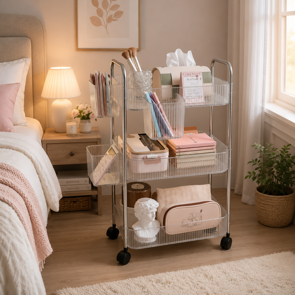4-Tier Acrylic Rolling Storage Cart with Hanging Baskets