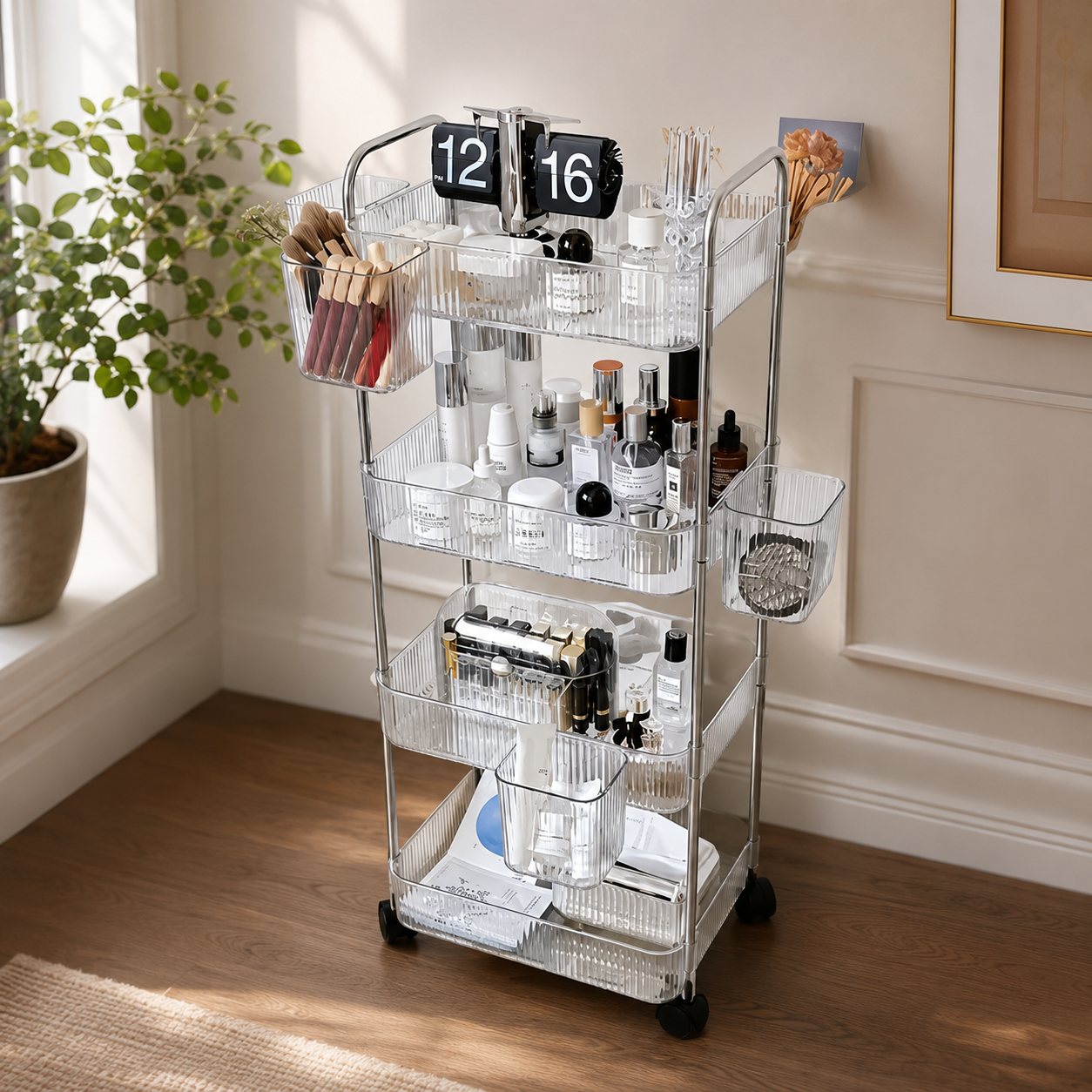 4-Tier Acrylic Rolling Storage Cart with Hanging Baskets