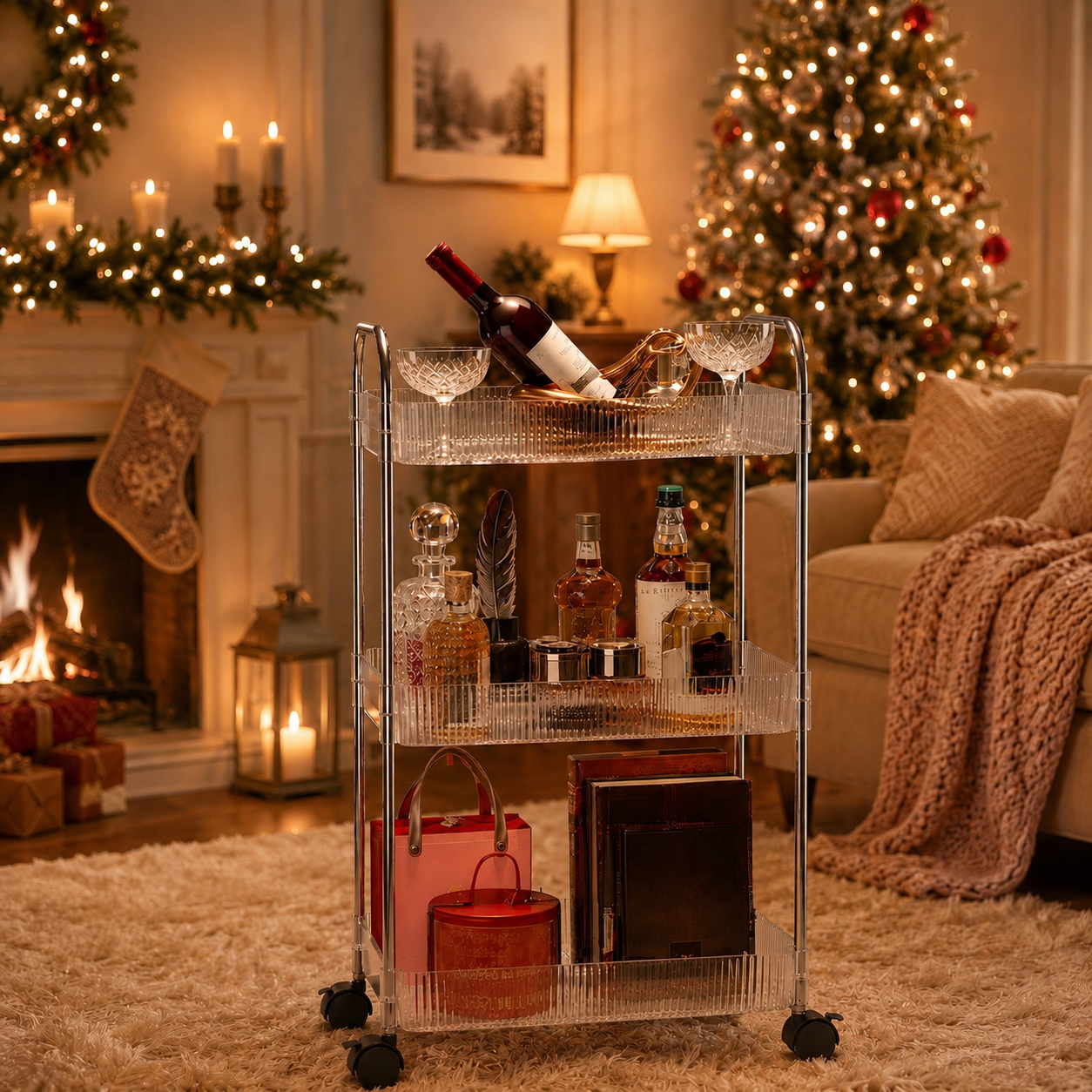 4-Tier Acrylic Rolling Storage Cart with Hanging Baskets