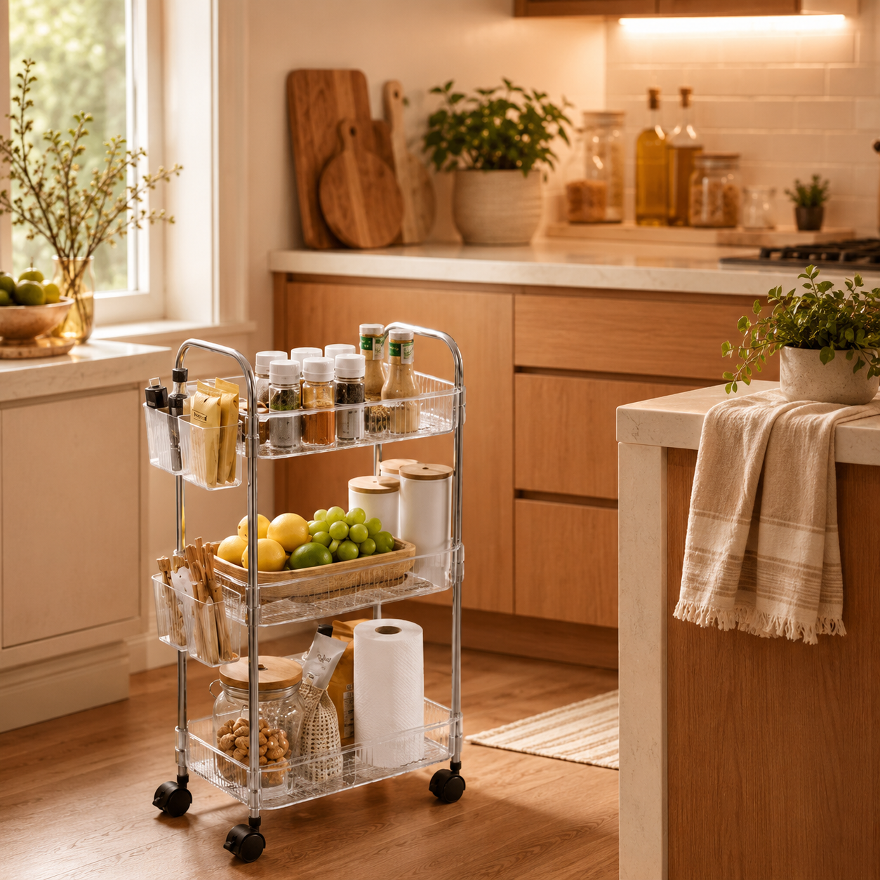 4-Tier Acrylic Rolling Storage Cart with Hanging Baskets