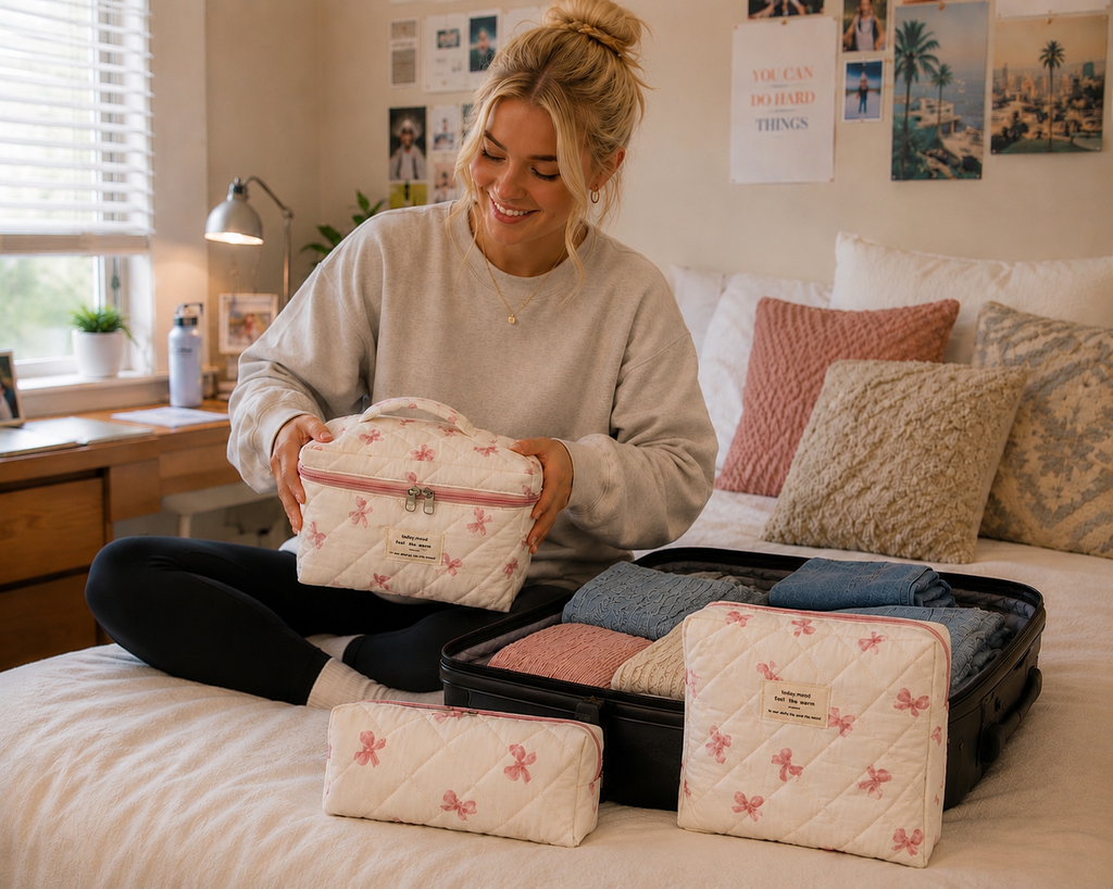 Quilted Ribbon 3-Piece Cosmetic & Travel Bag Set