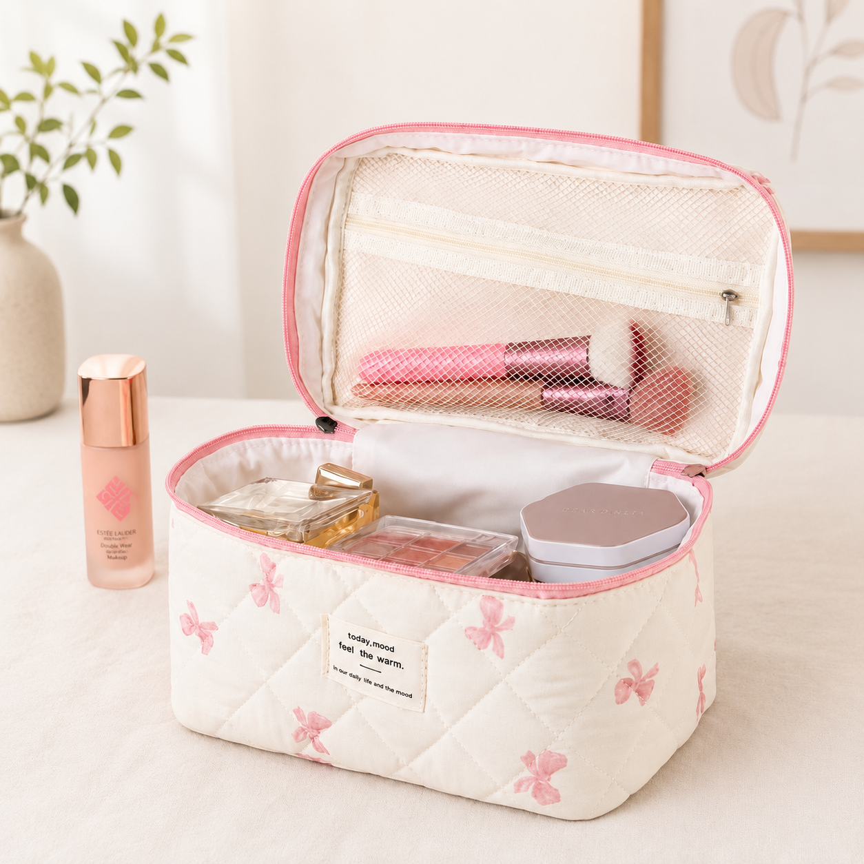 Quilted Ribbon 3-Piece Cosmetic & Travel Bag Set