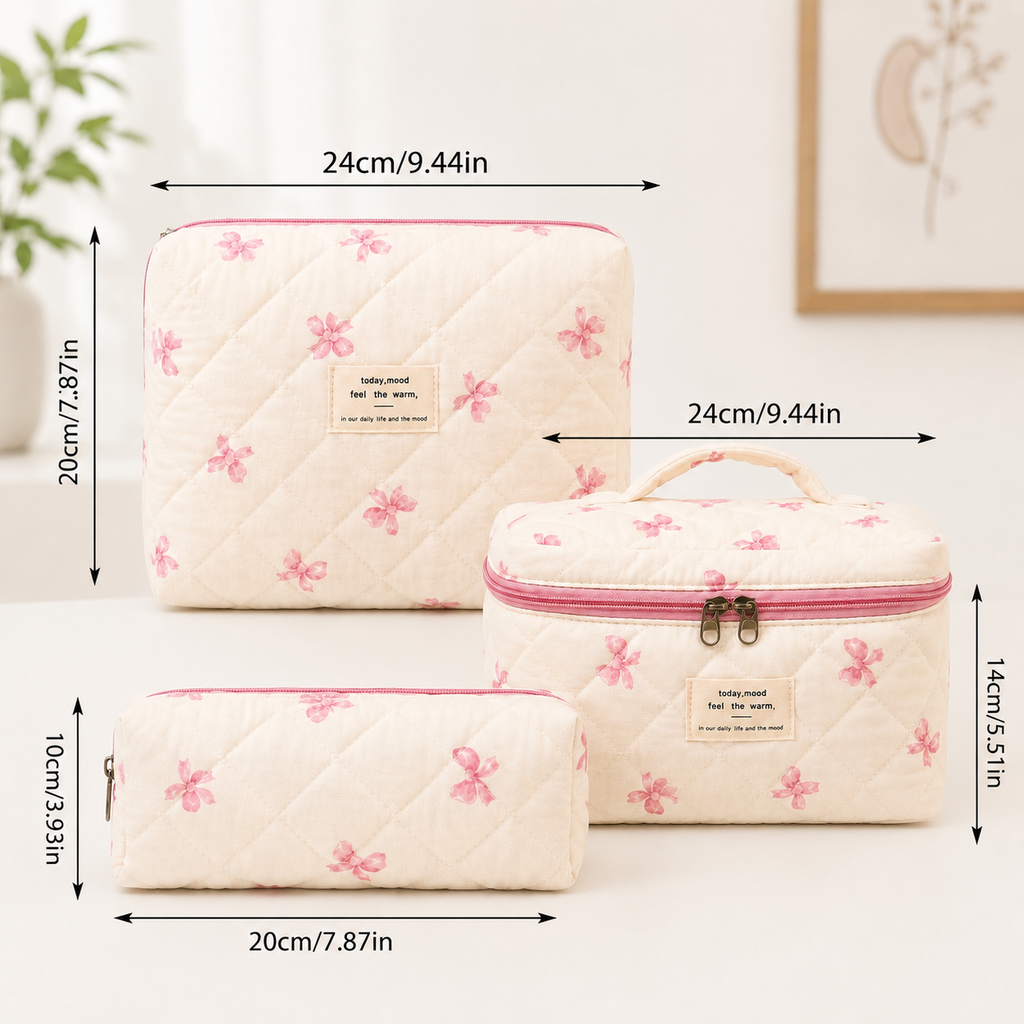 Quilted Ribbon 3-Piece Cosmetic & Travel Bag Set