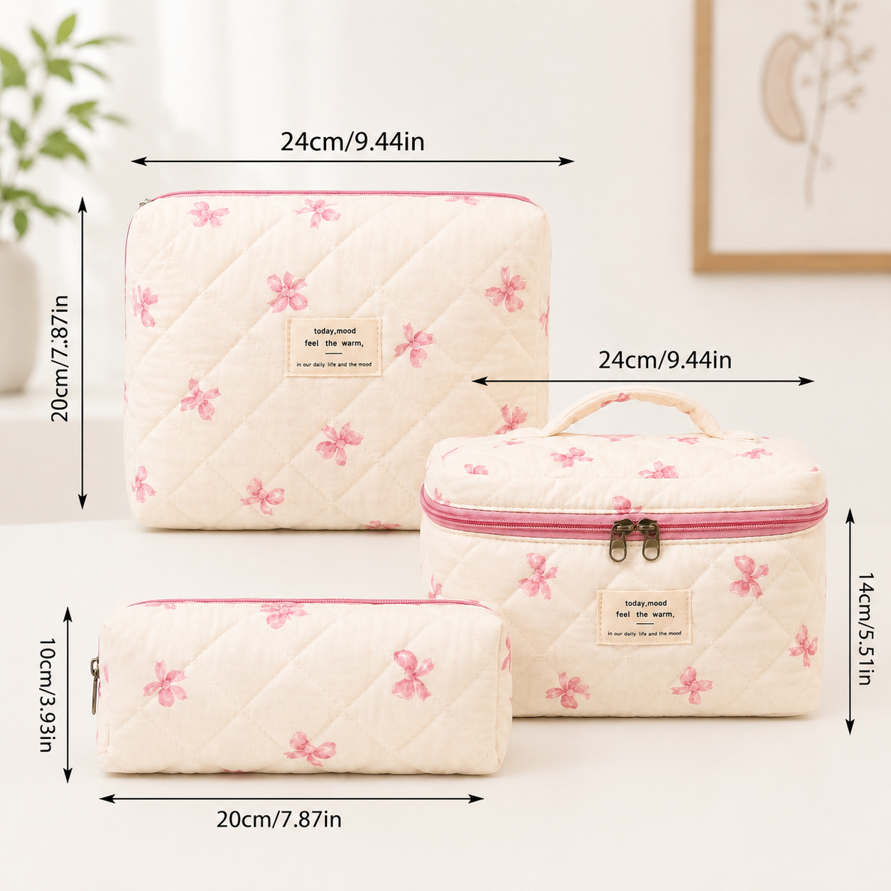 Quilted Ribbon 3-Piece Cosmetic & Travel Bag Set
