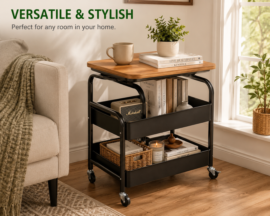 3-Tier Rolling Storage Cart with Wood Top
