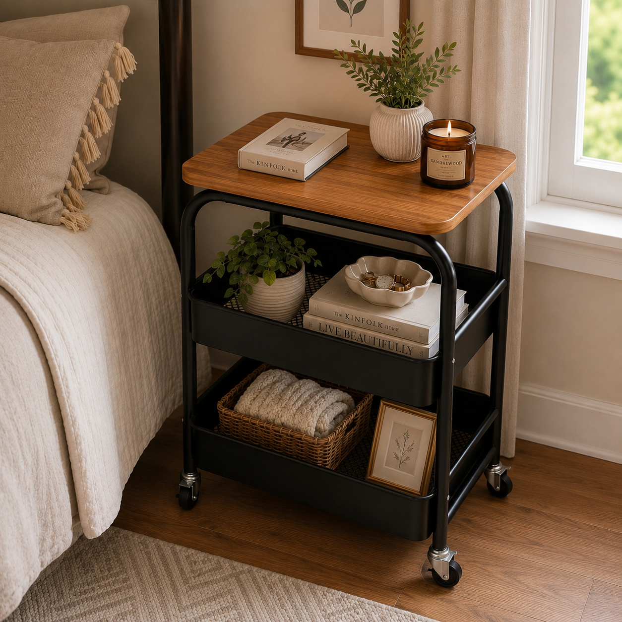 3-Tier Rolling Storage Cart with Wood Top