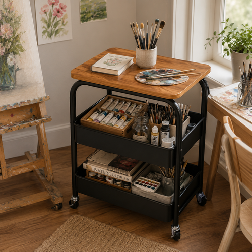 3-Tier Rolling Storage Cart with Wood Top