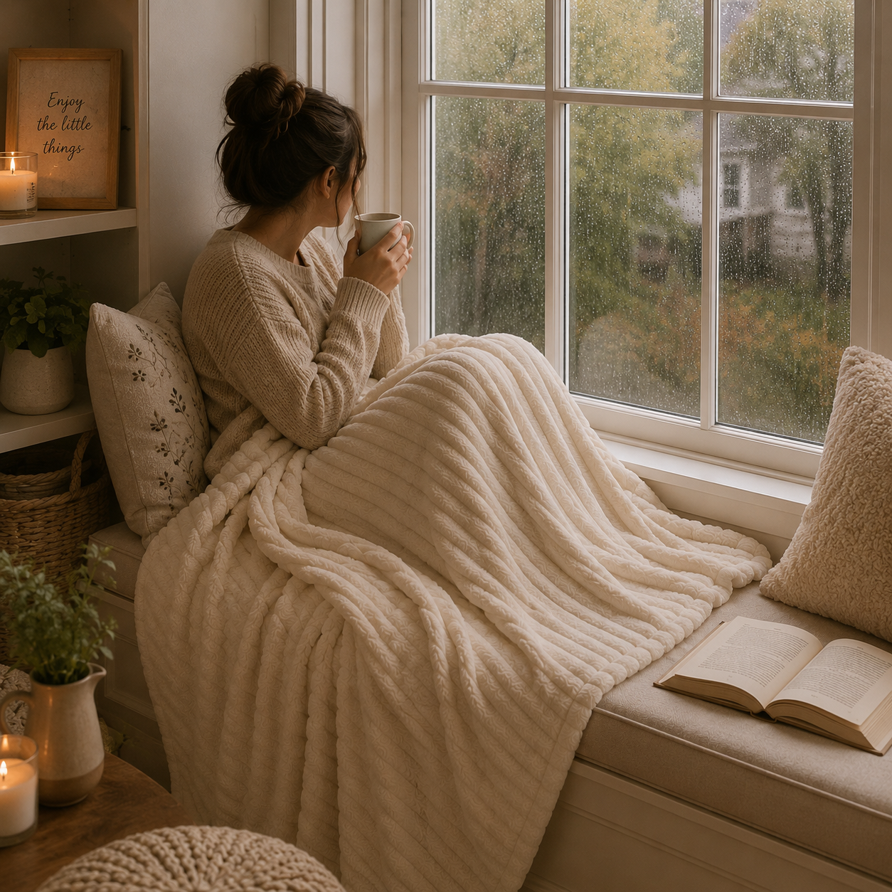 Ultra-Soft Ribbed Plush Throw Blanket – Milky White Twin (60*80)