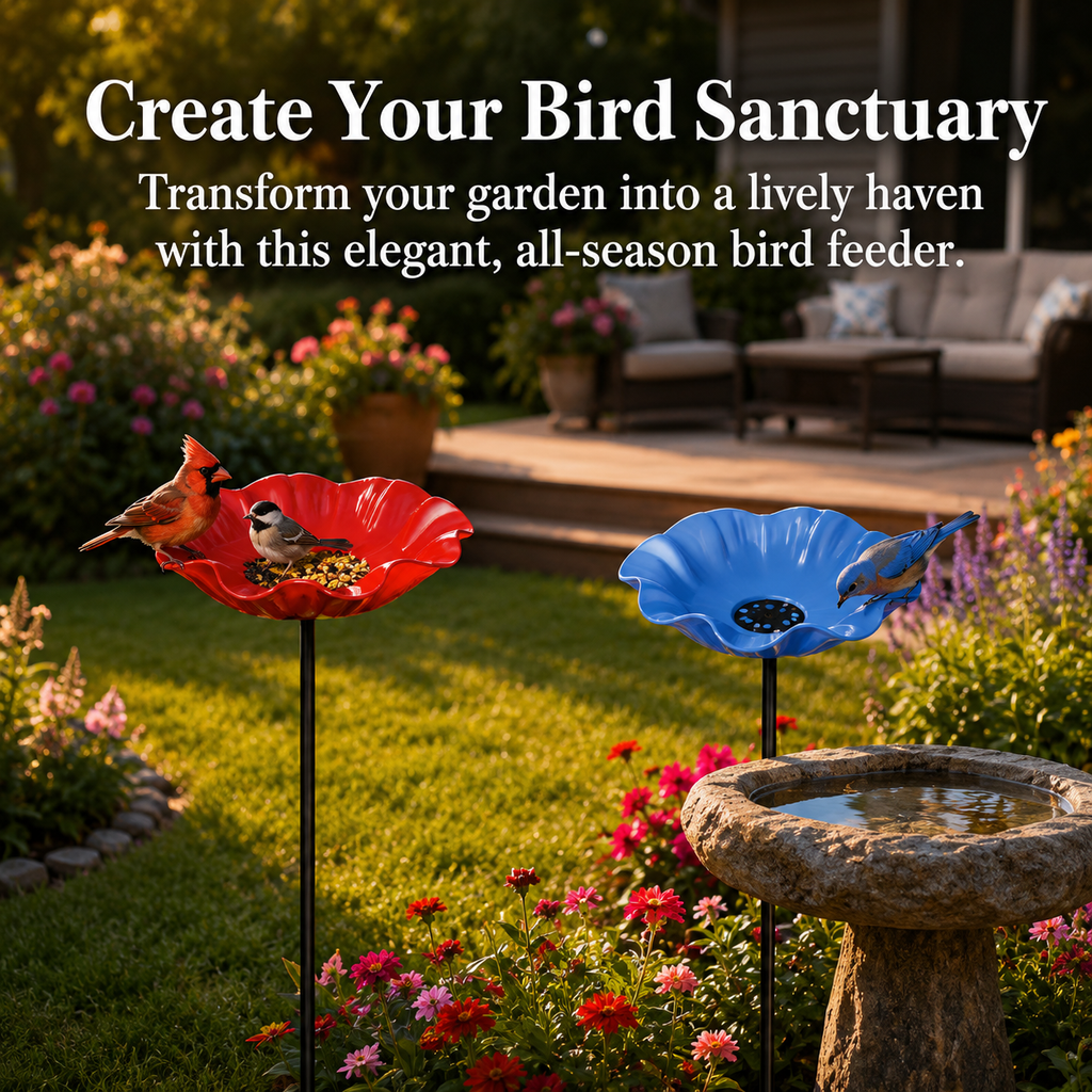 2pc-Metal Flower Bird Bath or Feeder Stake-Red & Blue