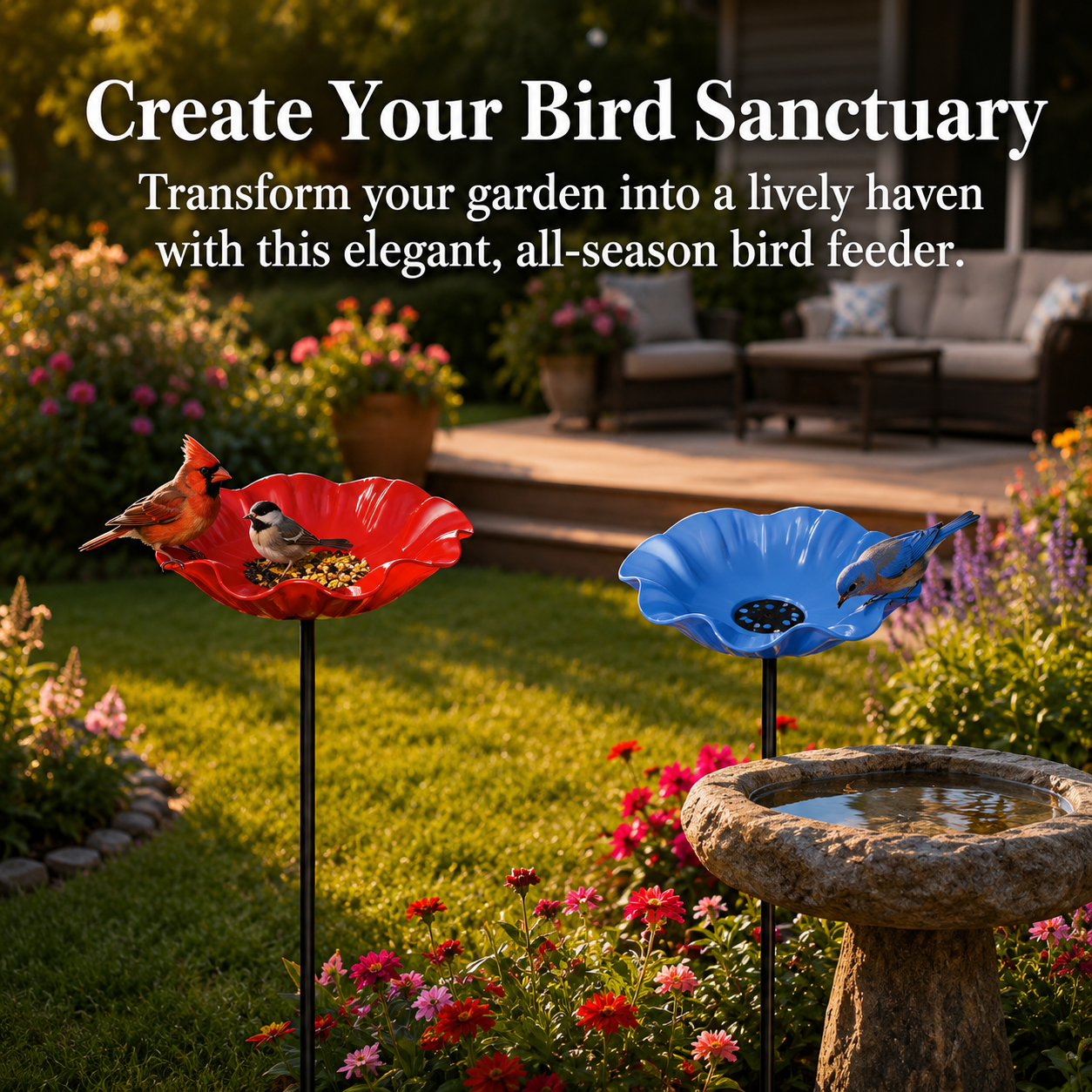 2pc-Metal Flower Bird Bath or Feeder Stake-Red & Blue