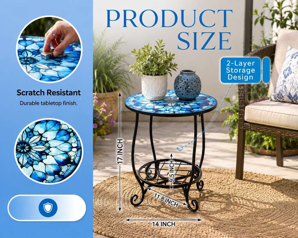 14-Inch Mosaic Metal End Table with Storage Shelf
