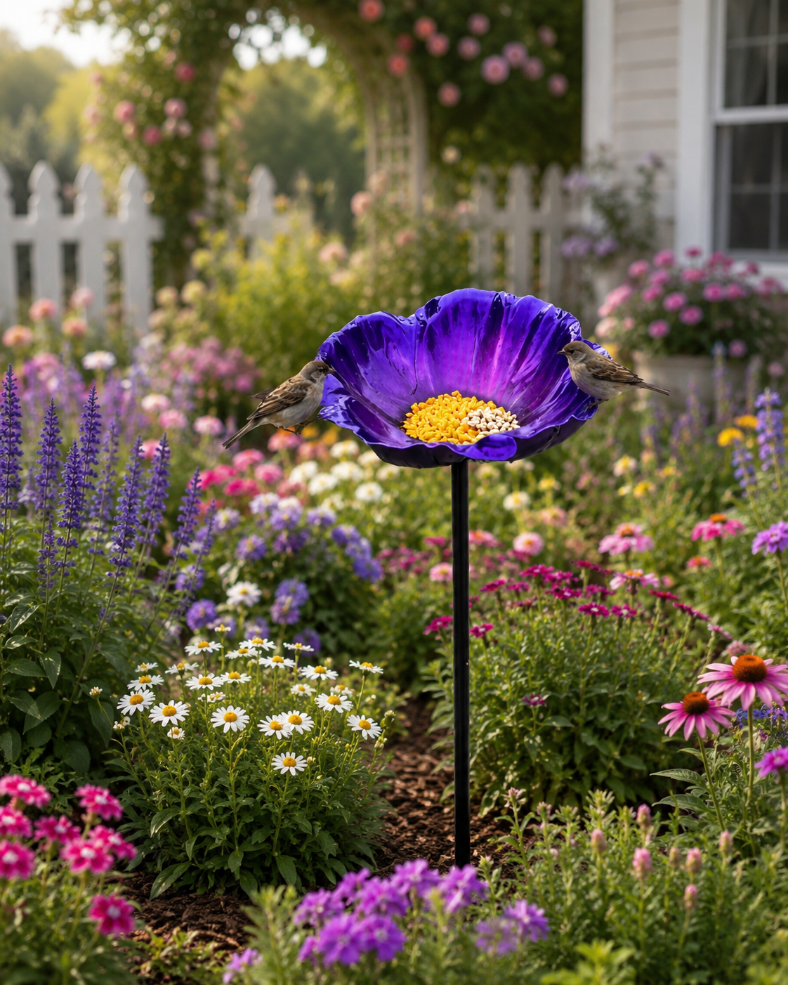 Hand-Painted Metal Flower Garden Bird Feeder & Bird Bath Stake