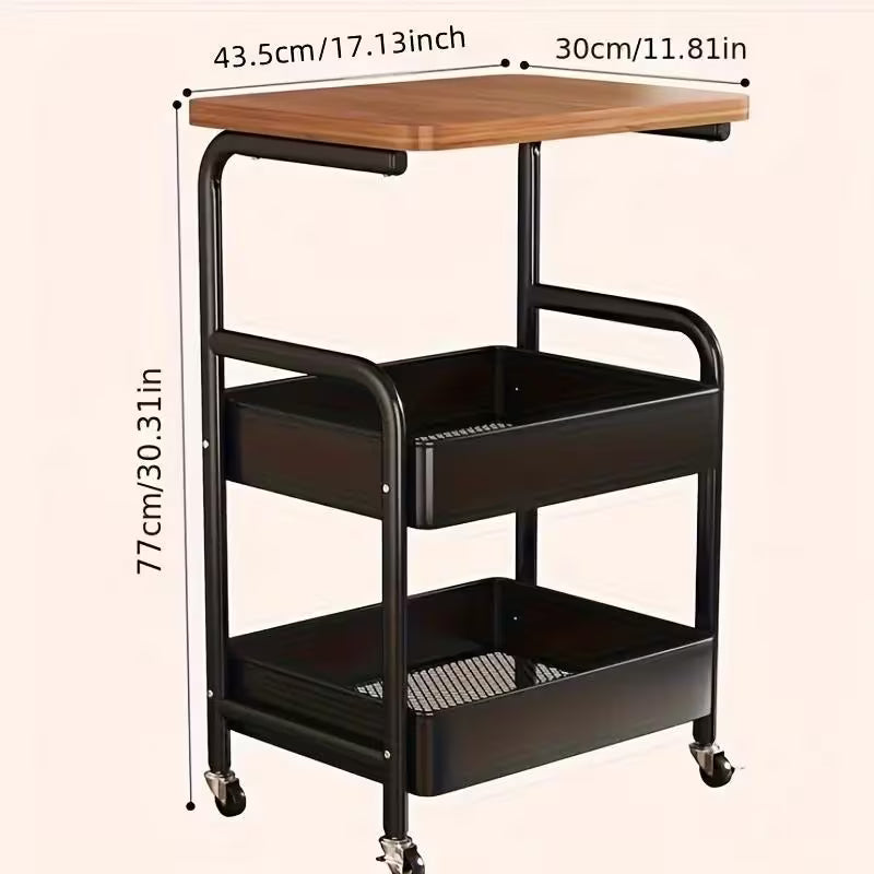 3-Tier Rolling Storage Cart with Wood Top