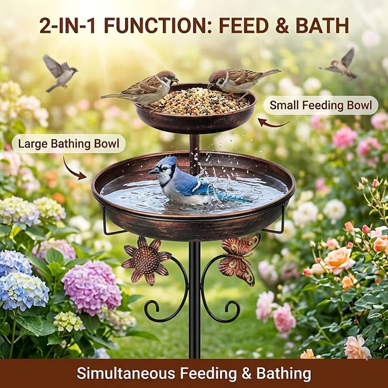42" Metal Solar-Powered 2-Tier Bird Bath Fountain & Bird Feeder-Butterfly & Sunflower