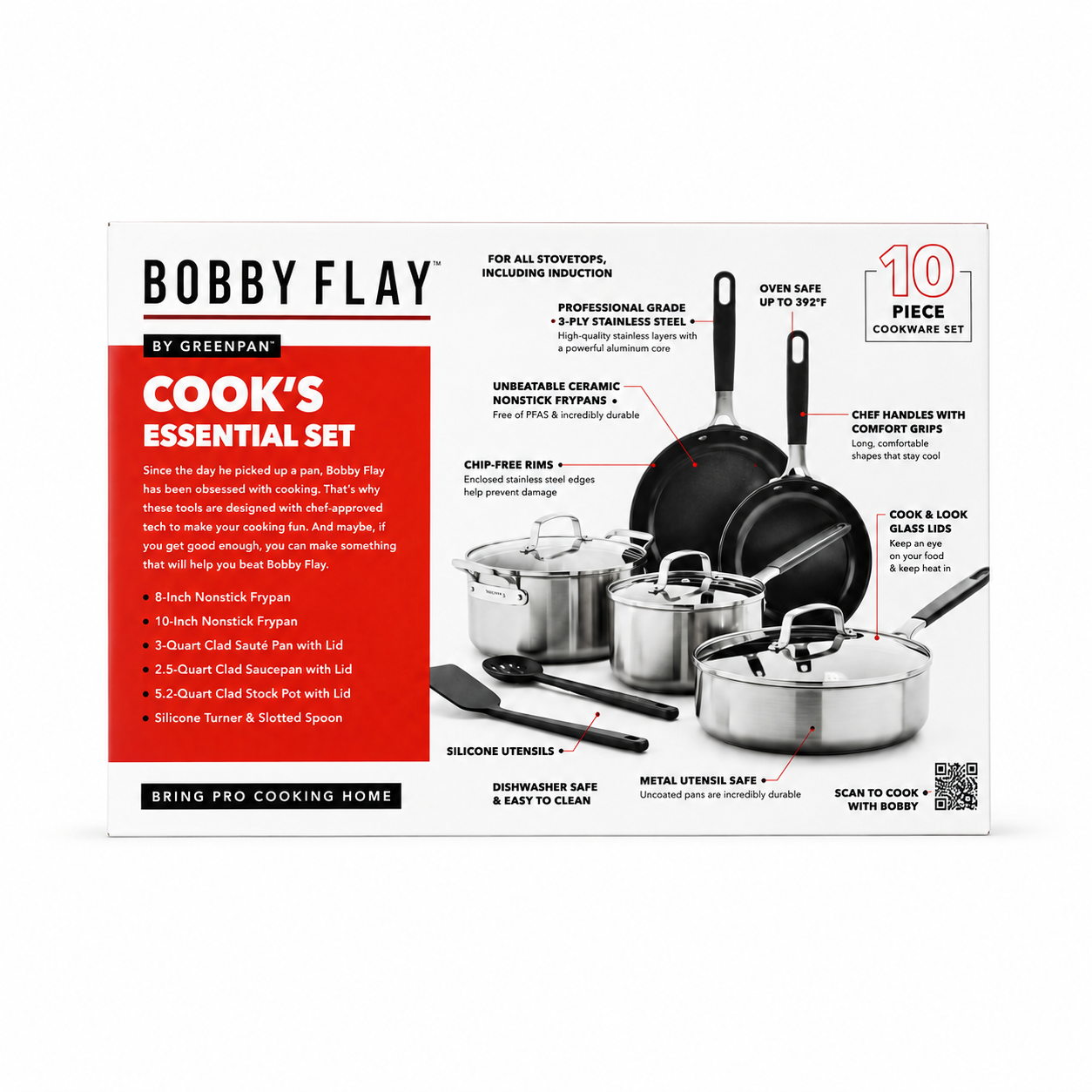 Bobby Flay by GreenPan Chef Series Uncoated Stainless Steel 10-Piece Cookware Set, Professional Grade Cookware-PFAS-free ceramic nonstick coating