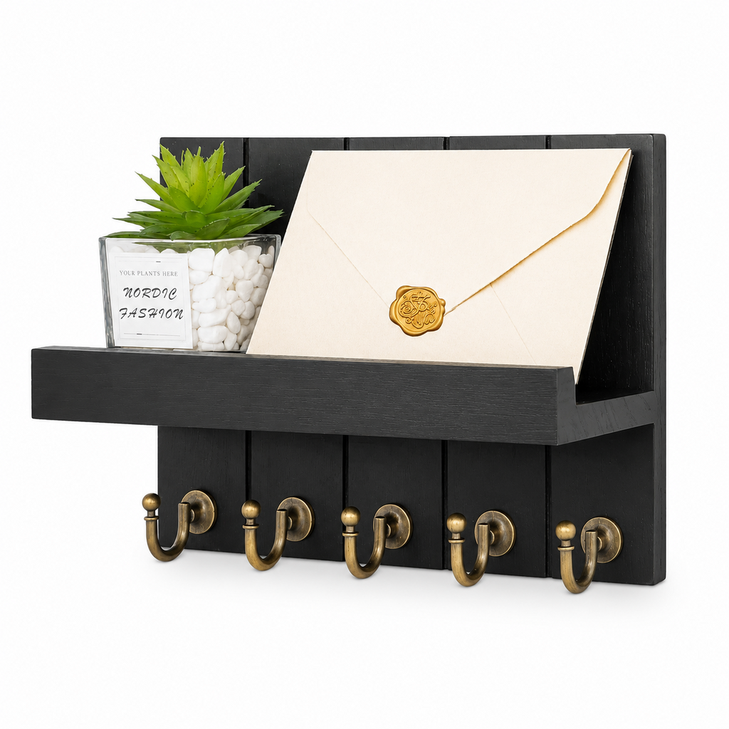 Baoswi Key and Letter Holder Wall Wooden Shelf with 5 Hooks Decorative Retro Farmhouse Decor for Entrance (Black)