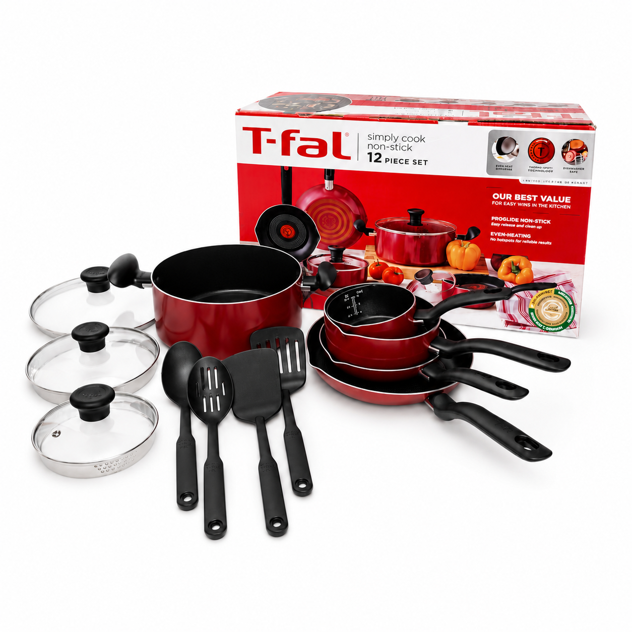 T-fal 12pc Simply Cook Nonstick Cookware Set- RED