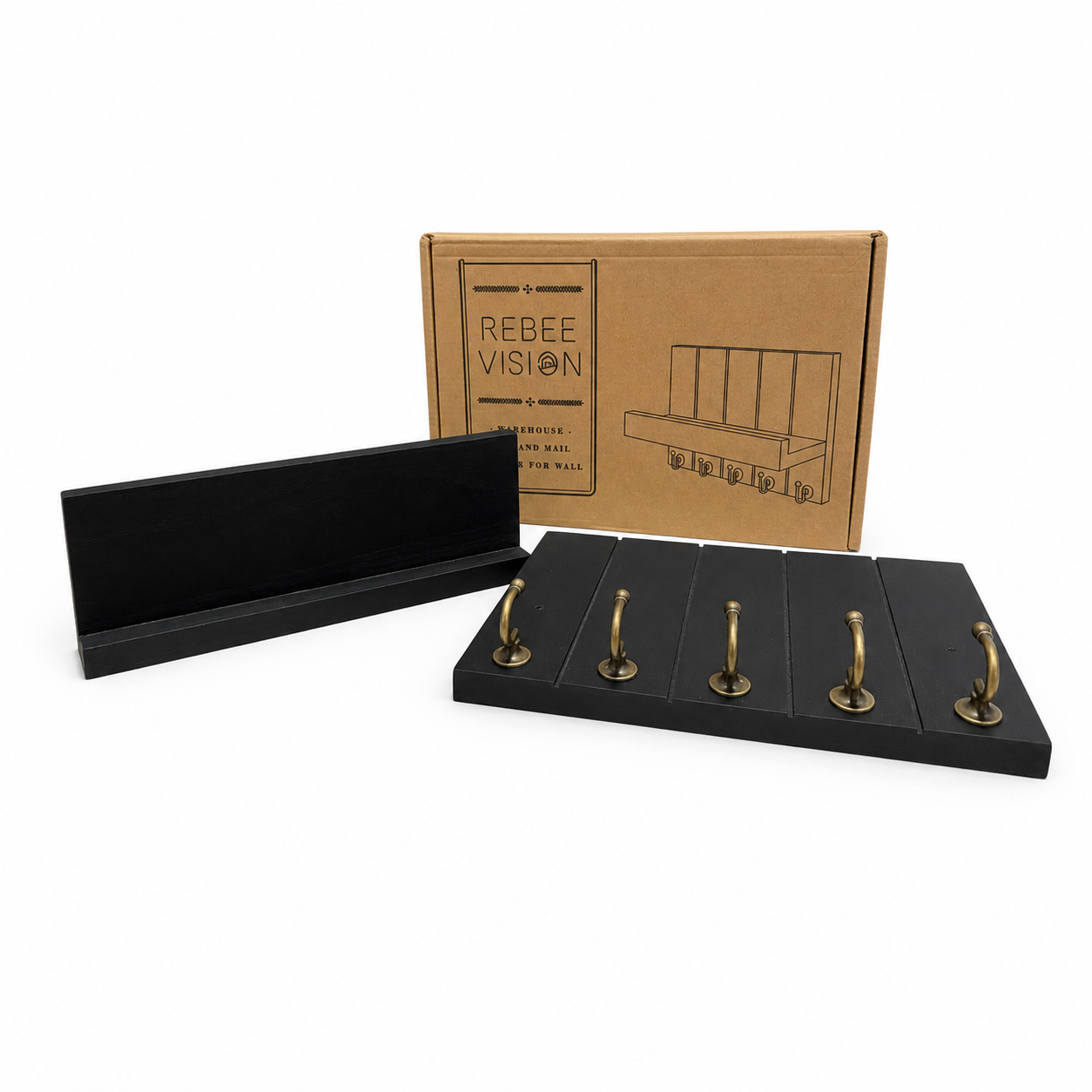 Baoswi Key and Letter Holder Wall Wooden Shelf with 5 Hooks Decorative Retro Farmhouse Decor for Entrance (Black)